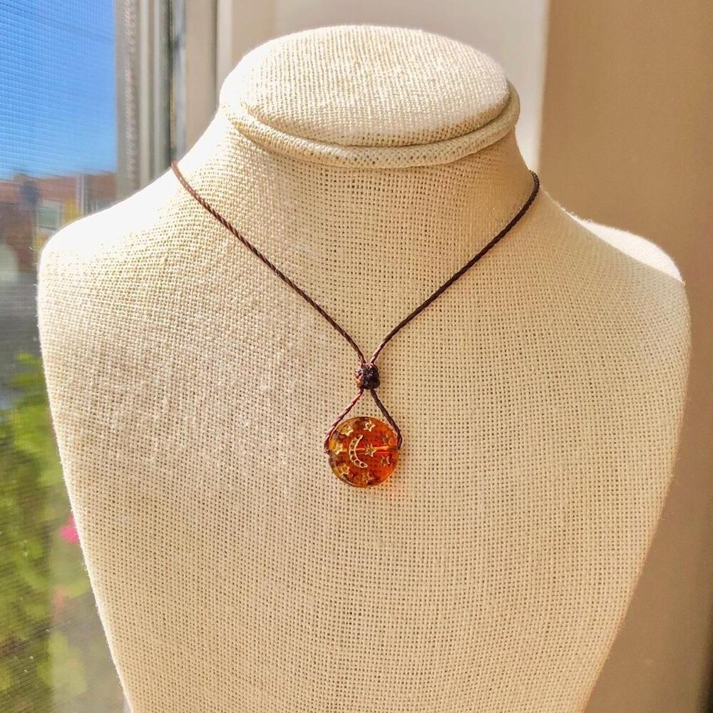 Amber Moon & Stars Czech Boho (Dark Brown) Whimsygoth Necklace/Choker